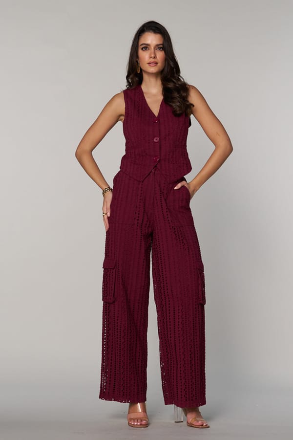 Wine Schiffli Cutwork Button-Front Tailored Waistcoat — Style Island