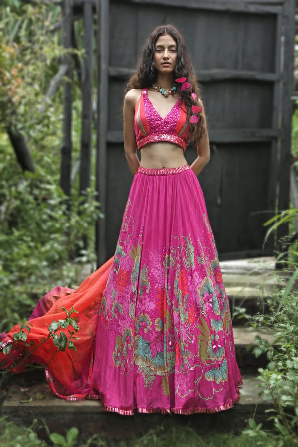 Pink Sequin Choli and Printed Lehenga Set — Basil Leaf