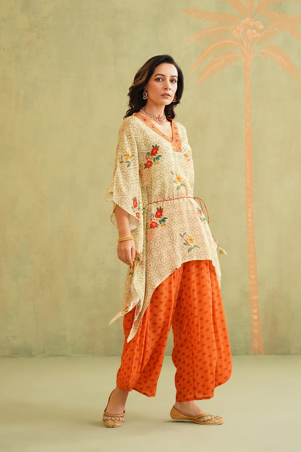 Cream and Orange Printed Kaftaan and Palazzo Co-ord Set — NEETIKA CHOPRA