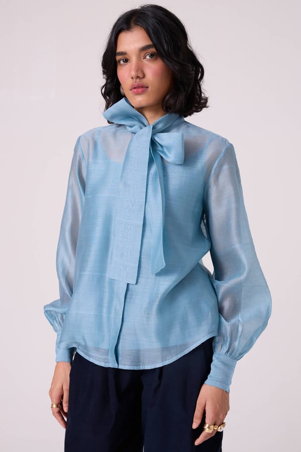 Blue Handwoven Chanderi Tie-Neck Blouson Shirt — The Summer House