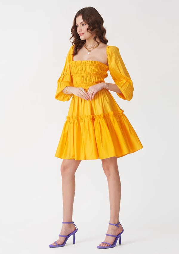 Yellow Smocked Tiered Mini Dress with Detachable Sleeves — AMOSHI