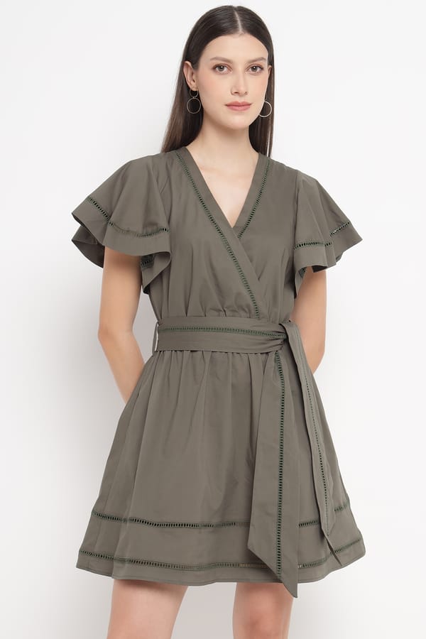 Olive Wrap Mini Dress with Flutter Sleeves and Tie Belt — SILVIAN HEACH