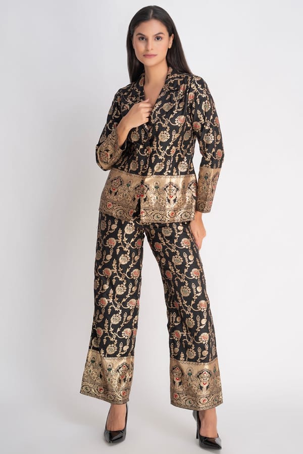 Black and Gold Brocade Co-ord Set with Wide-Leg Pants — Designs by Queen Bee