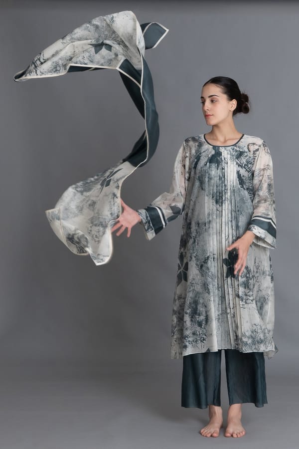 Mint Abstract Print Chanderi Silk Kurta Set with Scarf — Khat