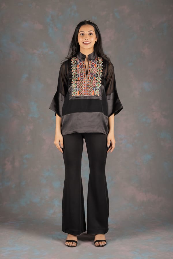 Black Embroidered Yoke Co-ord Set with Flared Pants — NEETIKA CHOPRA