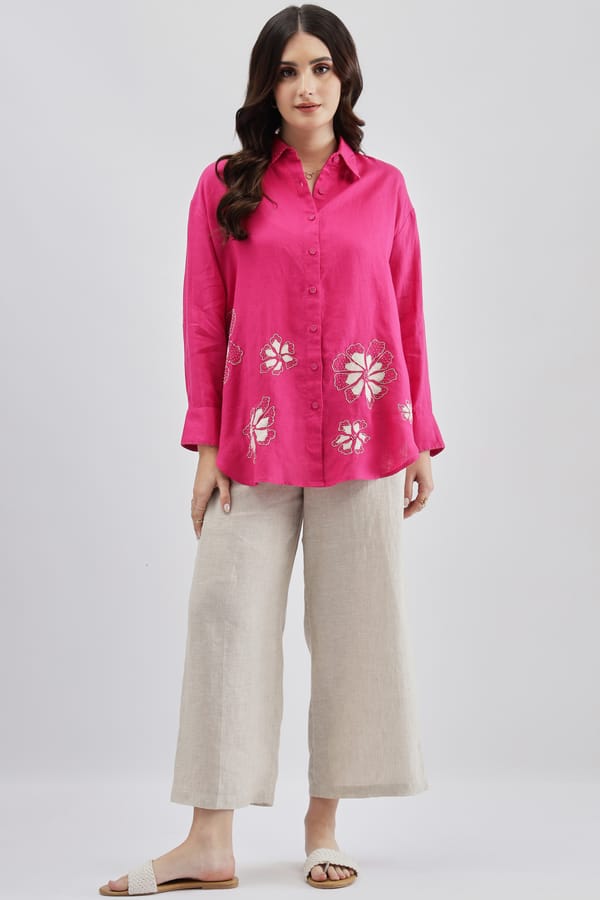 Fuschia Linen Button-Down Shirt with Floral Applique — Linen Bloom