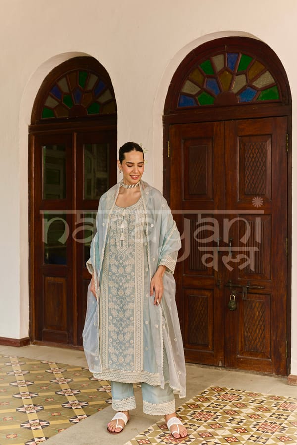 Ice Blue Chanderi Embroidered Straight Suit Set — NARAYANI VASTRA