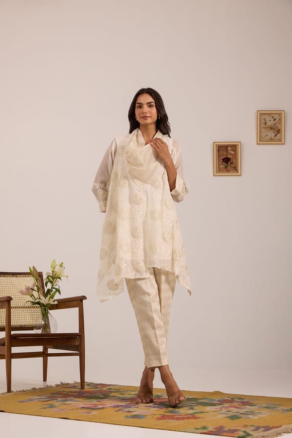 Asymmetric Tissue Patch Embroidered Cowl Tunic Set — Omi Clothing