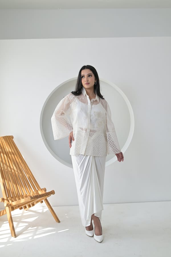 White Organza Embroidered Shirt and Draped Co-ord Set — RUCHIKA MALLIKA LABEL