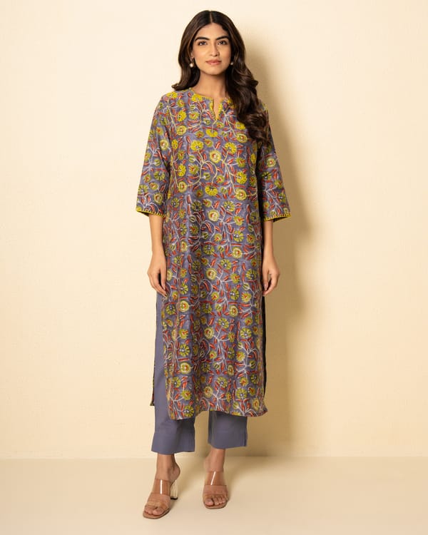 Ash Garden Chanderi Grey Floral Block Print Kurta Set (Set of 2) — Kameez