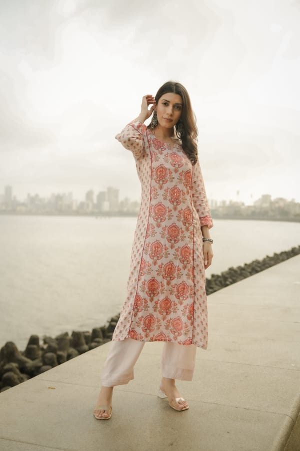 Beige with Red and Pink Block Print Buti Muslin Kurta Pant Set-SET OF-2 — MAHEE JAIPUR