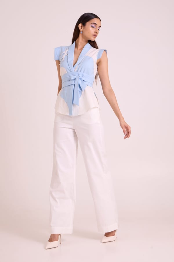 White/Blue Wrap Vest and Wide-Leg Pant Co-ord Set — Madder Much
