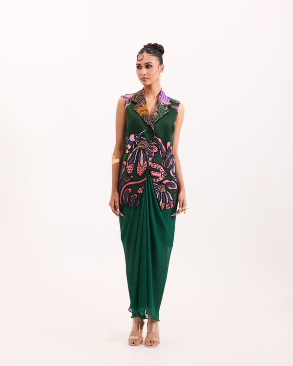 Green Floral Escape Sleeveless Jacket Skirt Set — Urban Pataka