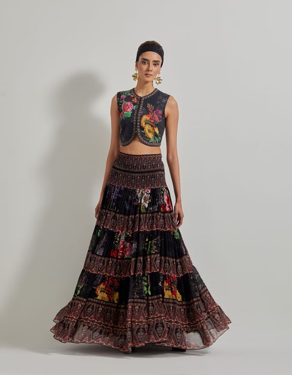 Black Botanical Crop Top and Tiered Maxi Skirt Co-ord Set — Kavita Bhartia