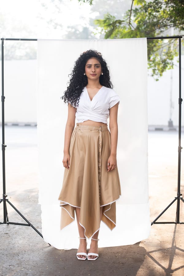 White Crop Top and Beige Hanky Hem Skirt Co-ord Set — Escape By Aishwarya