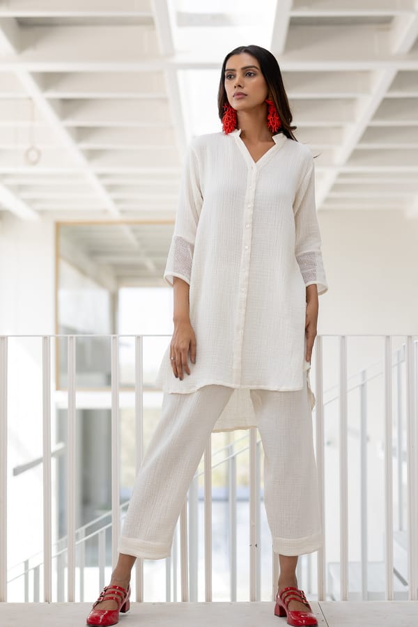 Off-White Cotton Tunic and Straight Pants Co-ord Set — Silai studio