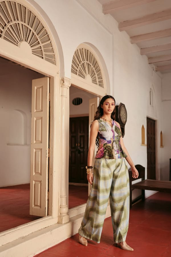 LightBlue Linen Wide-Leg Abstract Printed Pants — Zip by Payal Zinal