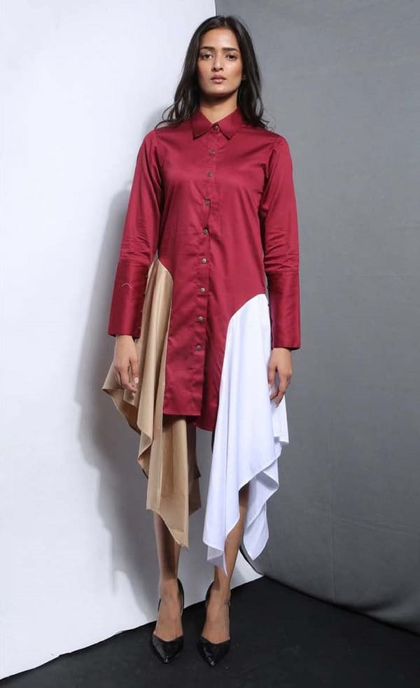 Maroon Colorblocked Asymmetric Shirt Dress — Escape By Aishwarya