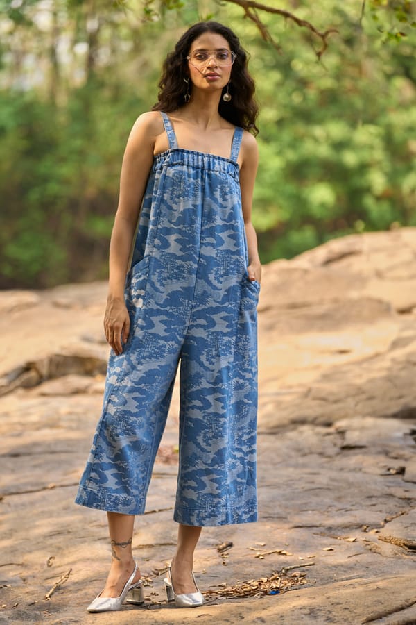Indigo Printed Denim Wide-Leg Jumpsuit — Dash and Dot