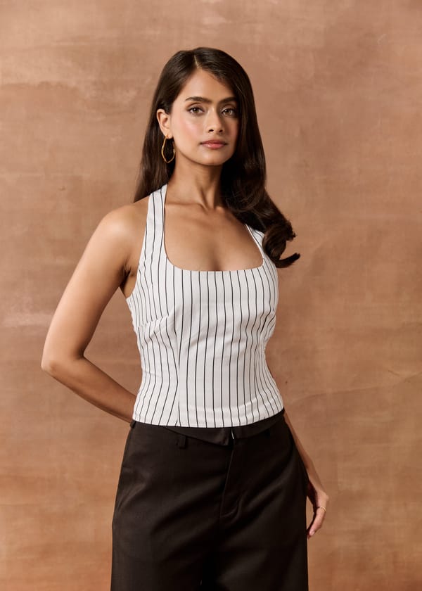 White Pinstripe Halter Neck Mid-Length Top — Lea Clothing