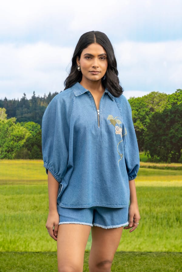Light Denim Half-Zip Raglan Shirt with Embroidery — Eko Clothing