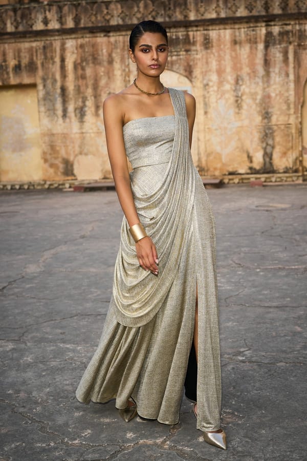 Champagne Metallic Sari Drape Maxi Gown — Dash and Dot