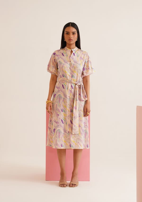 Multicolor Abstract Printed Midi Shirt Dress with Belt — AMOSHI