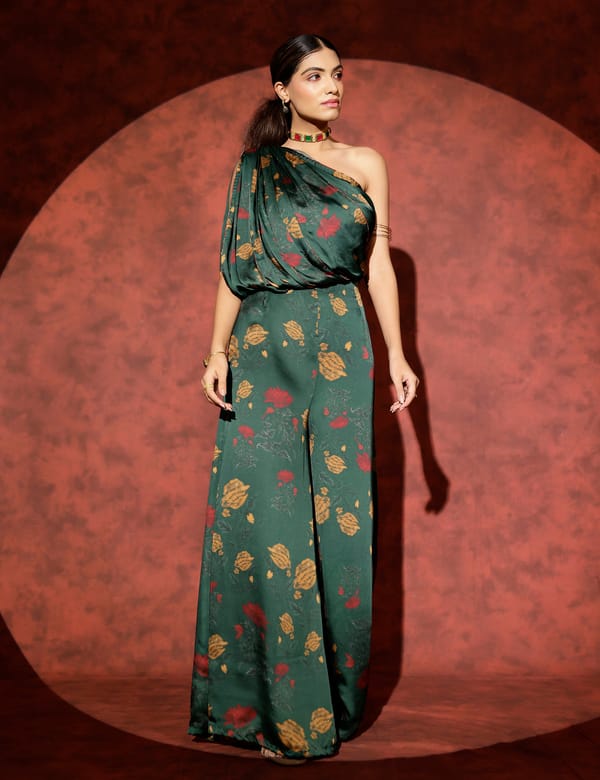 Green One-Shoulder Draped Printed Wide-Leg Jumpsuit — STUDIO SURBHI