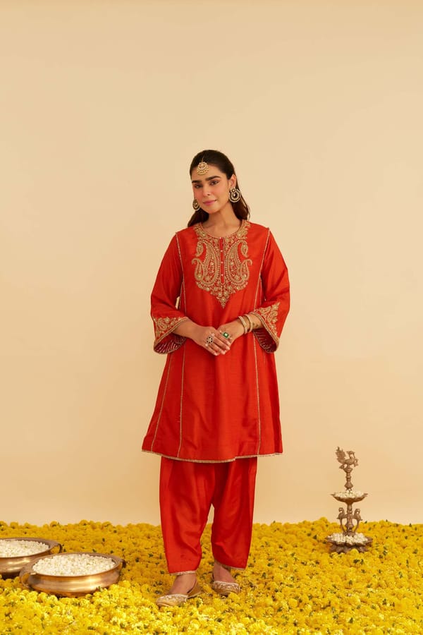 Burnt Orange Upada Silk Embroidered Chauga Kurta Set — Sheetal Batra