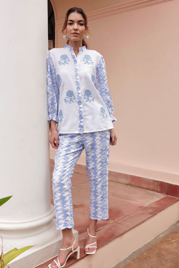 White and Blue Embroidered Shirt and Pants Co-ord Set — BOHO-CHIC