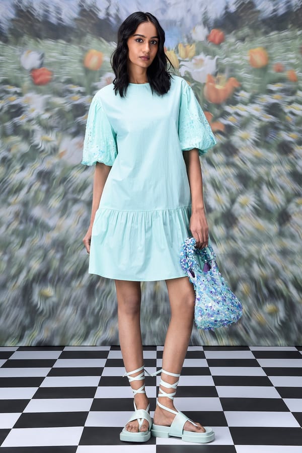 Nile Green Cotton Poplin A-Line Mini Dress with Puff Sleeves — Genes Lecoanet Hemant