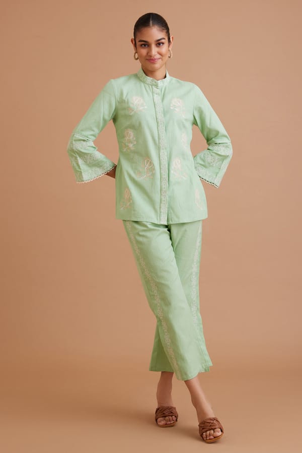 Light Mint Green Linen Embroidered Co-ord Set — BOHO-CHIC