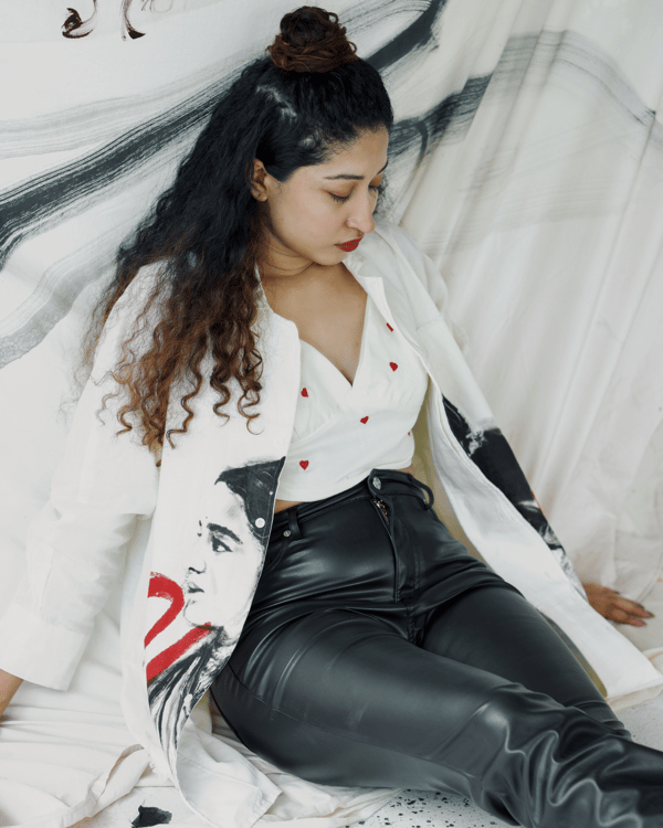 White Linen-Cotton Graphic Print Free Size Shirt — House of Urmi