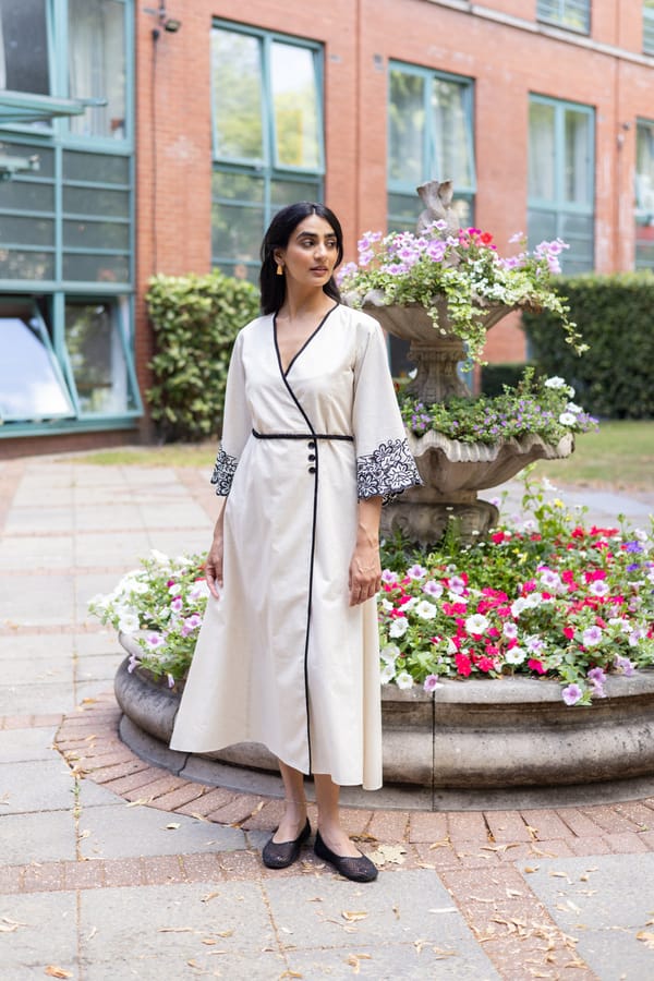 Cream Linen Cotton Wrap Midi Dress with Cutwork Cuffs — INCHING INDIA