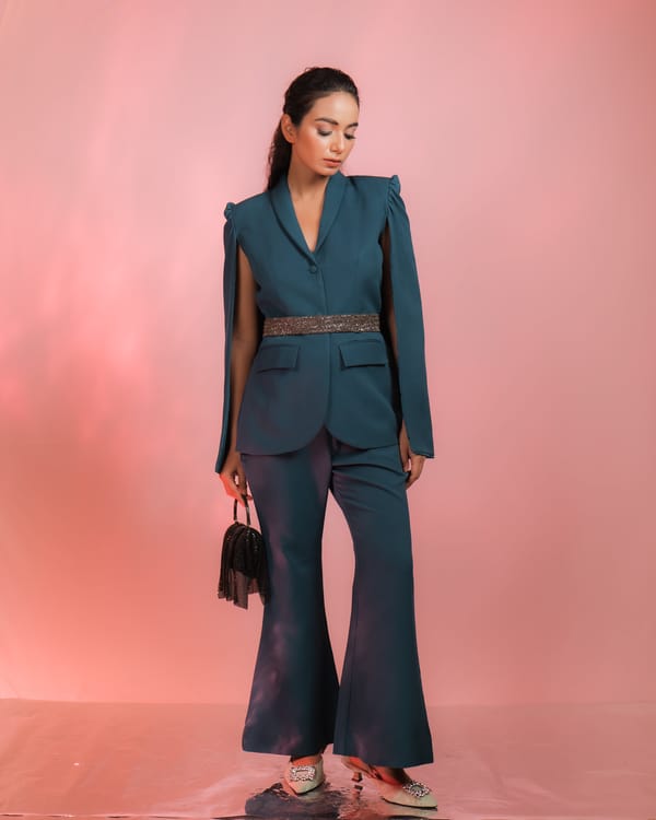 Teal Cape Blazer and Flared Pants Co-ord Set — Darling Girl