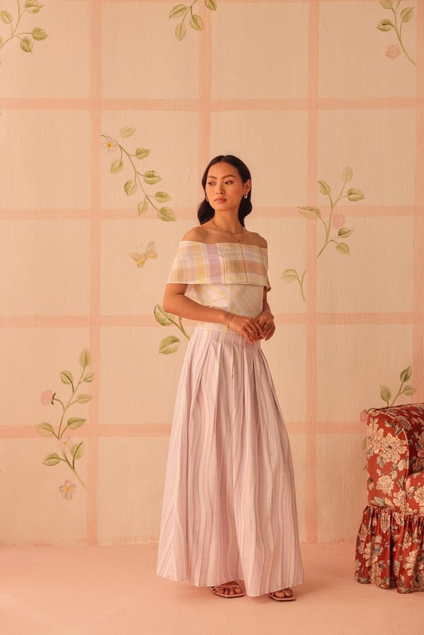 Pastel Striped Pleated Cotton Satin Maxi Skirt — Sage by Mala