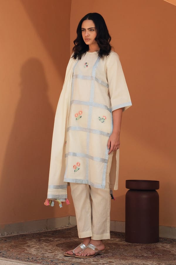 Off-White Mul Mul Kurta Set with Blue Grid Embroidery — SAMATVAM