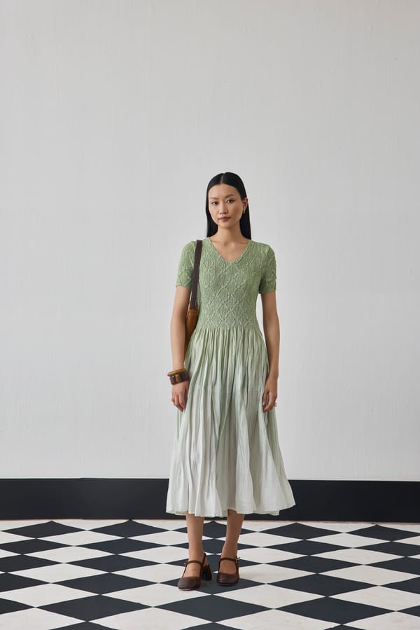 Mint Green Fit and Flare Smocked Midi Dress — Pleats by Aruni