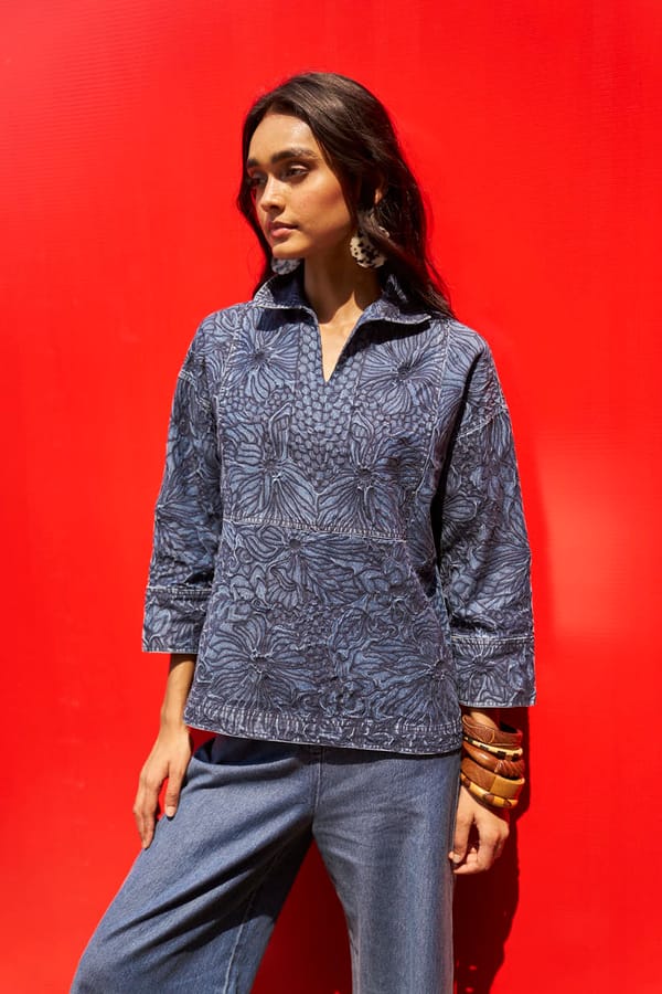 Indigo Embroidered Denim Popover Top with 3/4 Sleeves — Dash and Dot