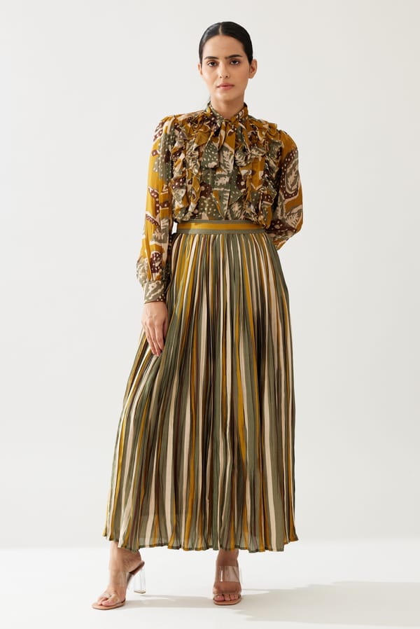 Mustard And Olive Stripe Crinkled Skirt — KoAi
