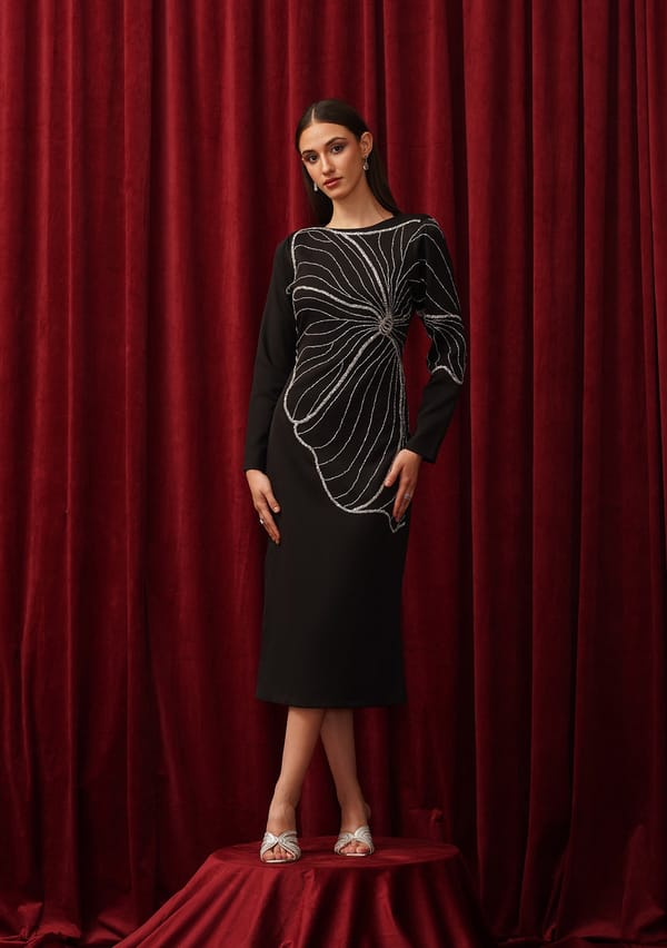 Black Boat Neck Slim Fit Embellished Midi Dress — AMOSHI