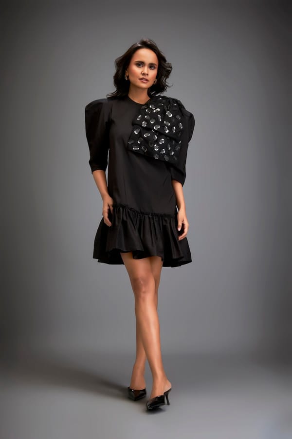 Mini Dress With Ruffled Hem And Metallic Applique Shoulder Detailing — Deepika Arora