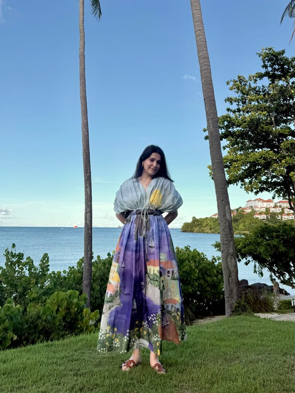 Blue Green Scenic Print Cotton Poplin Maxi Dress — GAIMA LABEL