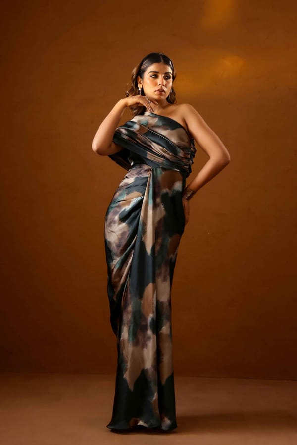 Multicolor One-Shoulder Abstract Print Maxi Gown — STUDIO SURBHI