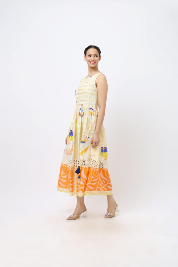 Smocked Cotton Midi Dress — Jungle Marigold