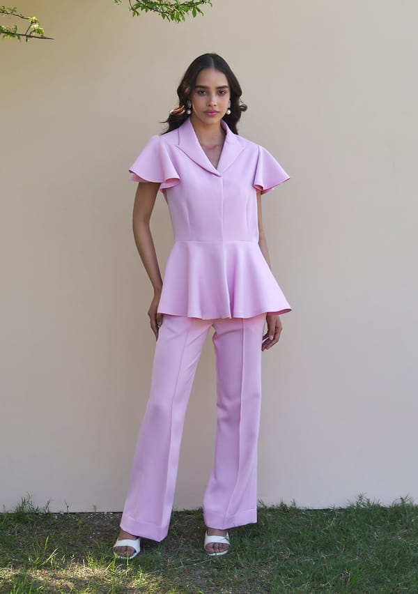 Pink Peplum Top and Flared Trousers Co-ord Set — AMOSHI