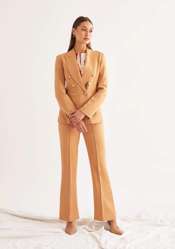 Tan Double-Breasted Blazer and Flared Trousers Co-ord Set — AMOSHI