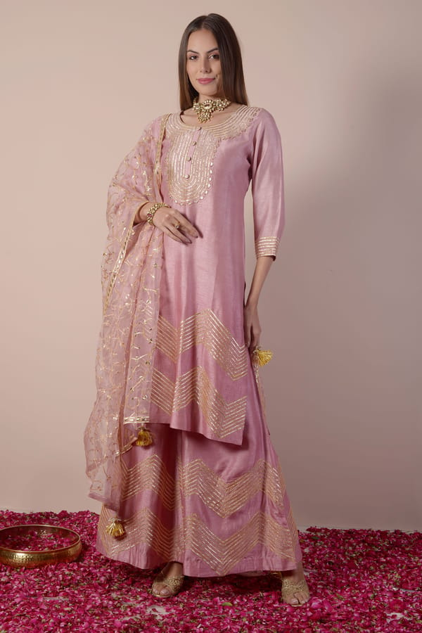 Rose Pink Ombre Gota Patti Kurta Sharara Set — SURABHI ARYA
