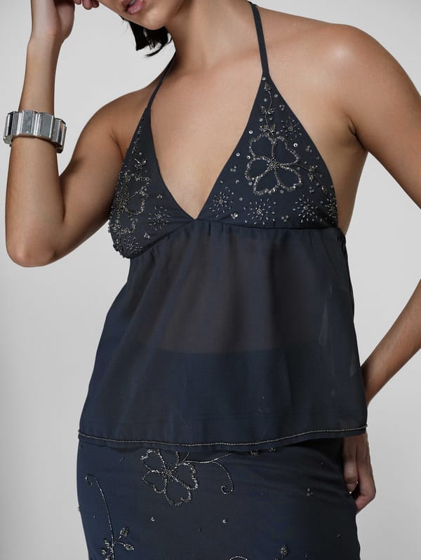Grey Sheer Floral Bead-Embroidered Halter Top — The Clothing Factory