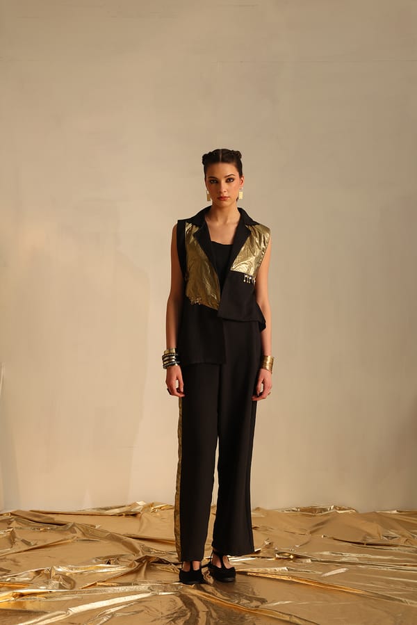 Black and Gold Foil Sleeveless Blazer Co-ord Set — EnEch